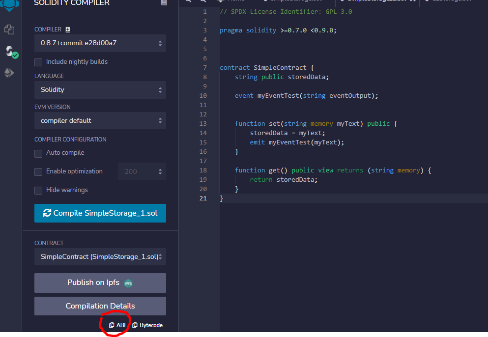 ABI smart contract remix