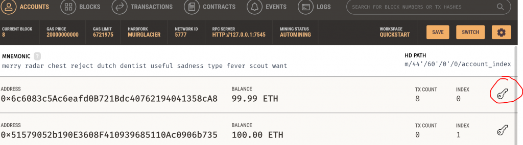 ganache app private key of demo account