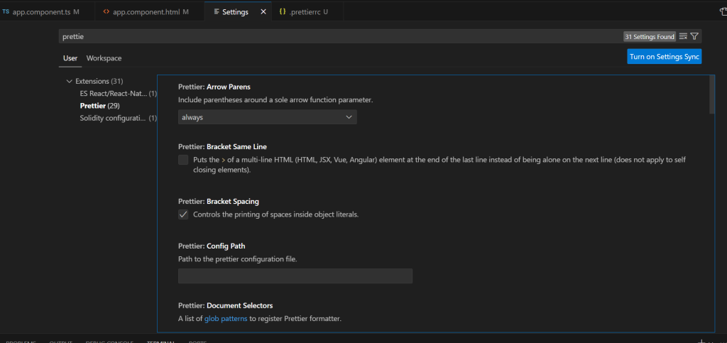 prettier formatting settings